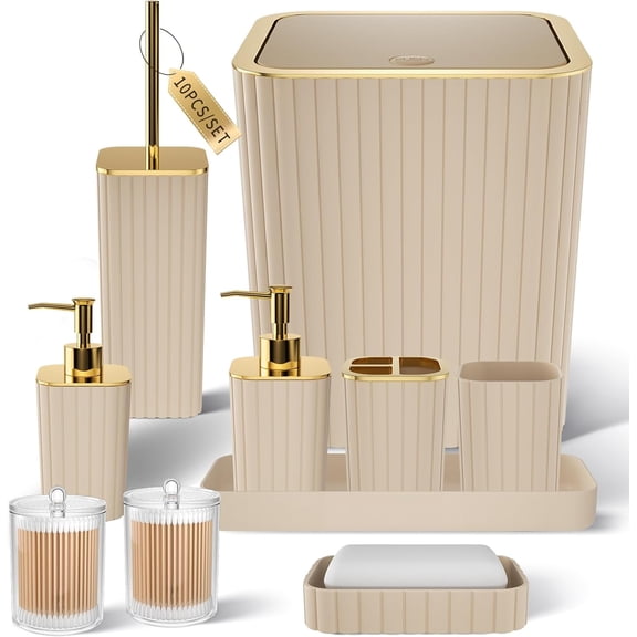 Bathroom Accessories Set - Gorgeous Bathroom Set, 10PC Beige Bathroom Accessory Set, Toilet Brush, Trash Can & Soap Dispenser