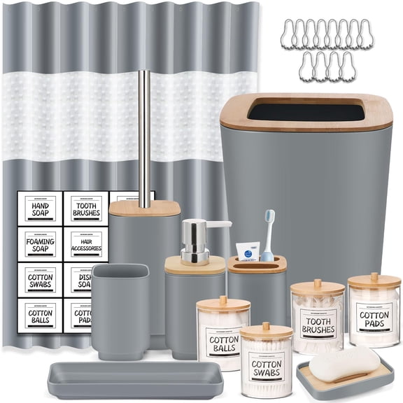 Bathroom Accessories Set,Grey Bathroom Set,24 Pieces Bathroom Accessory Set with Shower Curtain,Trash Can for Bathroom Accessories Décor and Home Gifts