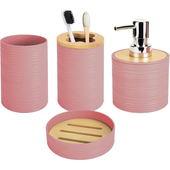 Bathroom Accessories Set, Includes a Soap Dispenser, Toothbrush Holder, Soap Dish and Mouthwash Cup, Plastics & Bamboo Bathroom Set, Bohemian Style Bathroom Sink Set