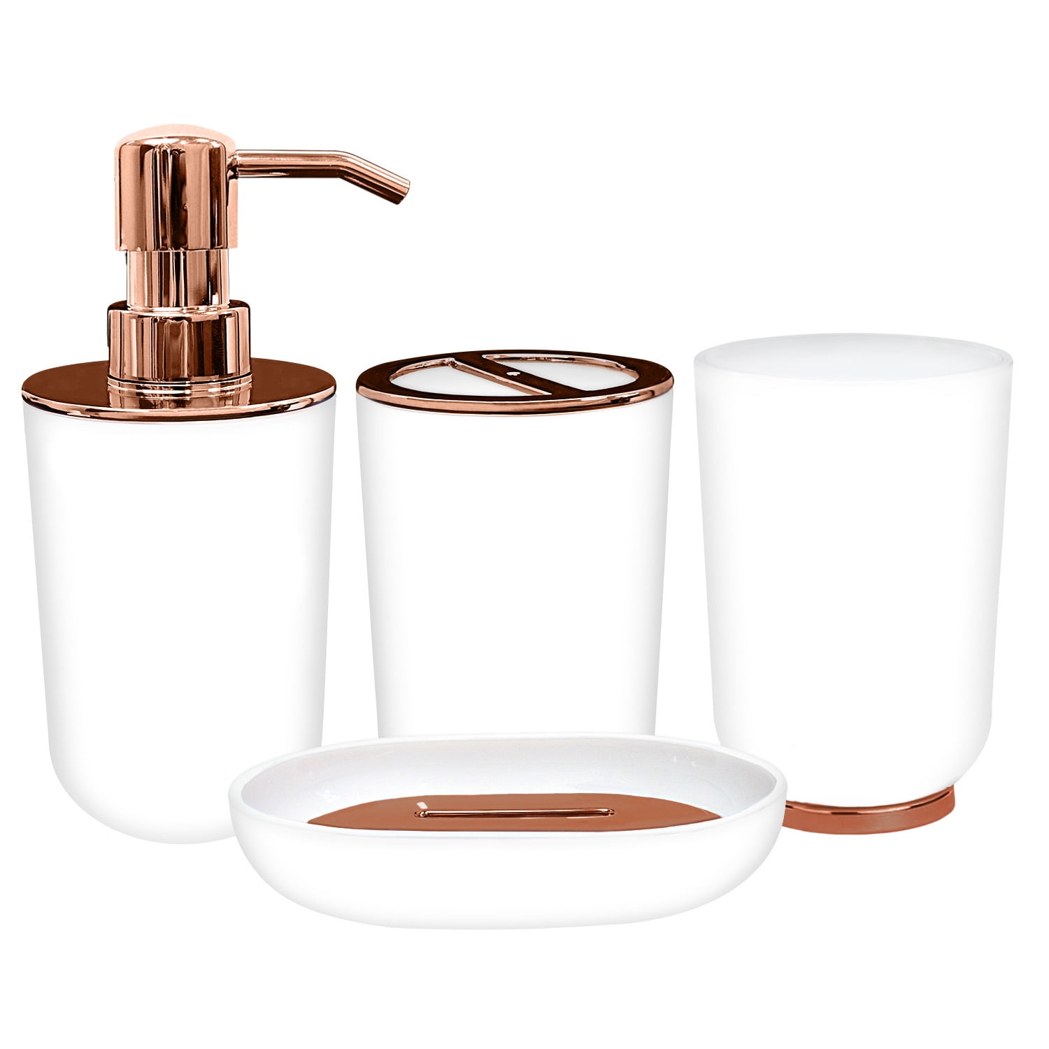 Blue Donuts Glamour Bathroom Set, 4 Piece Rose Gold and White, Soap Dispenser, Toothbrush Holder