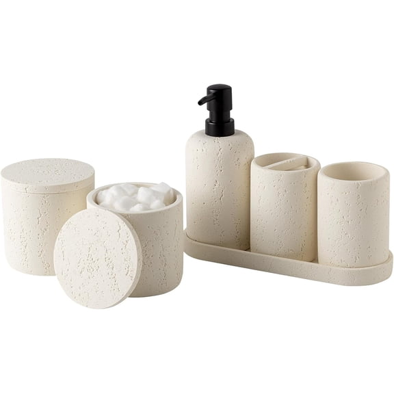 Bathroom Accessories Set, Travertine Stone-Look, 6 PCS Bathroom Accessory Set with Soap Dispenser, Toothbrush Holder, Tumbler, Vanity Tray, Cotton Swab Jars for Countertop (Off White 6 PCS)