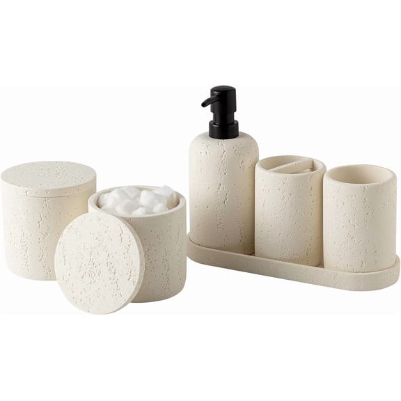 Bathroom Accessories Set, Travertine Stone-Look, 6 PCS Bathroom Accessory Set with Soap Dispenser, Toothbrush Holder, Tumbler, Vanity Tray, Cotton Swab Jars for Countertop (Off White 6 PCS)