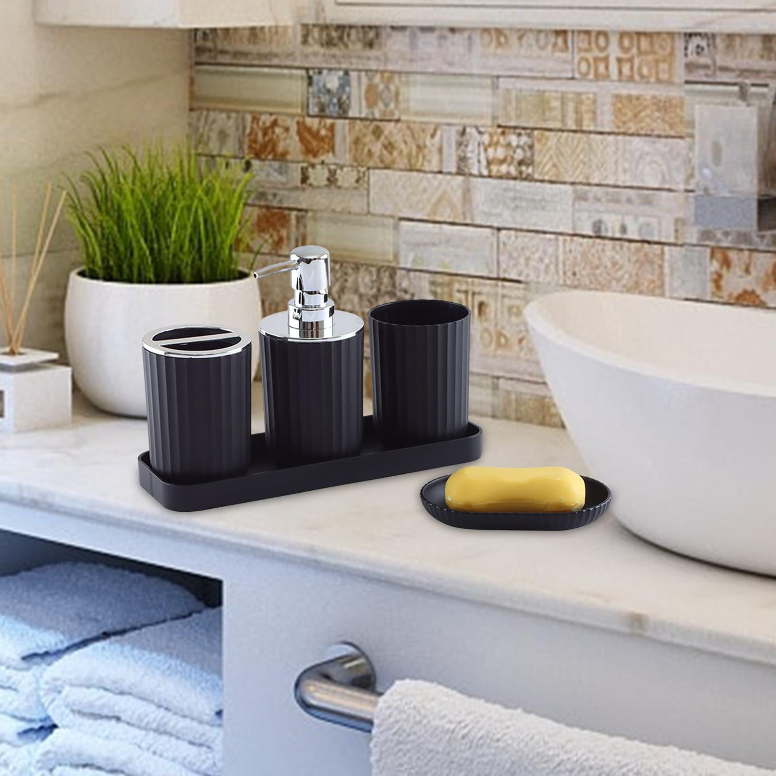 Bathroom Accessories Set, Tumbler, Dispenser Bottle, brush Holder, Soap Dish, Tray, Modern Bath ...