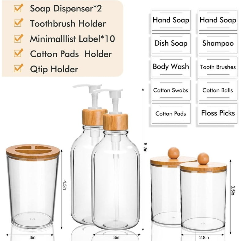 Clear and Bamboo Bathroom Accessories Set with Plastic and Metal