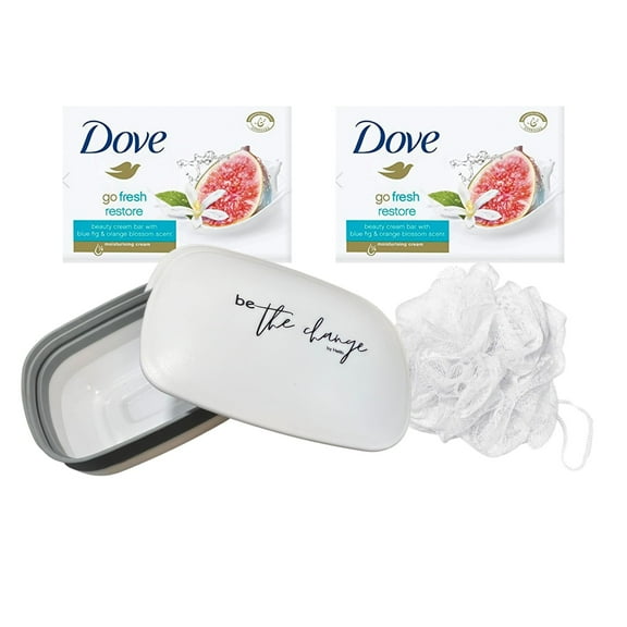 Bathroom Accessories Soap Dish Set - Leak-Proof Travel Case, Plastic Containers With Lids, Affirmation 'Be the Change' with Loofah 2 Pack Dove Fresh Restore Soap