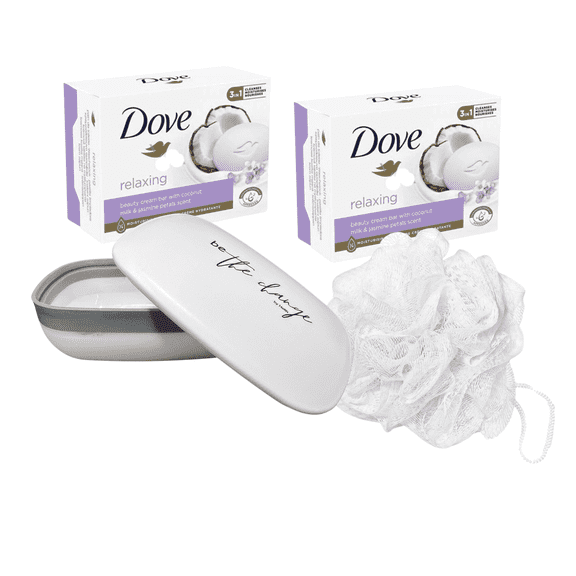 Bathroom Accessories Soap Dish Set - Leak-Proof Travel Case, Plastic Containers with Lids, Affirmation 'Be the Change' with Loofah 2 Pack Dove Relaxing Soap