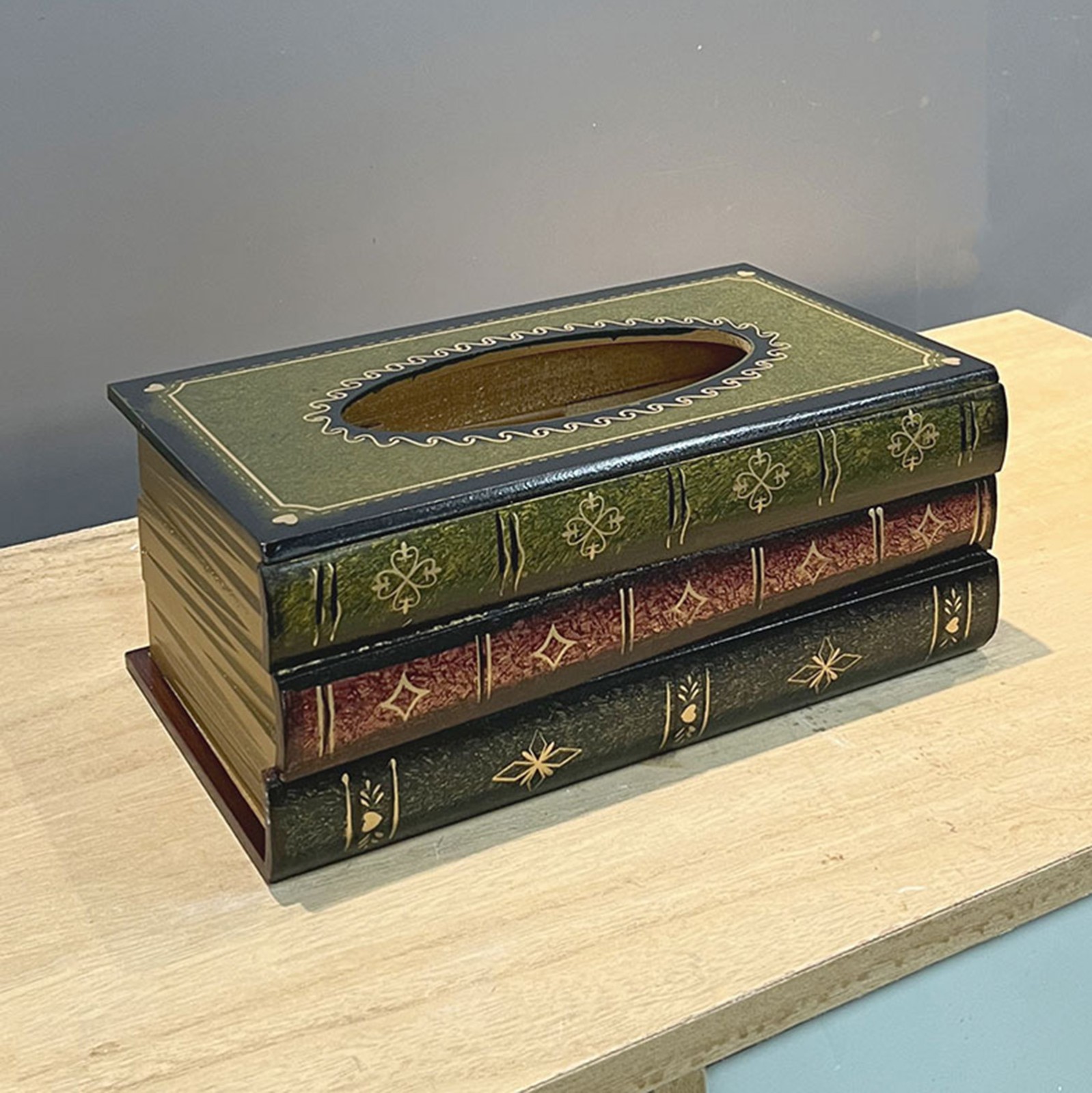 Bathroom Accessories,Vintage Stacked Books Design Solid Wood Tissue Box Holder Rectangular With Easy Hinged Top Home Office Decor Tissue Box Cover,Green