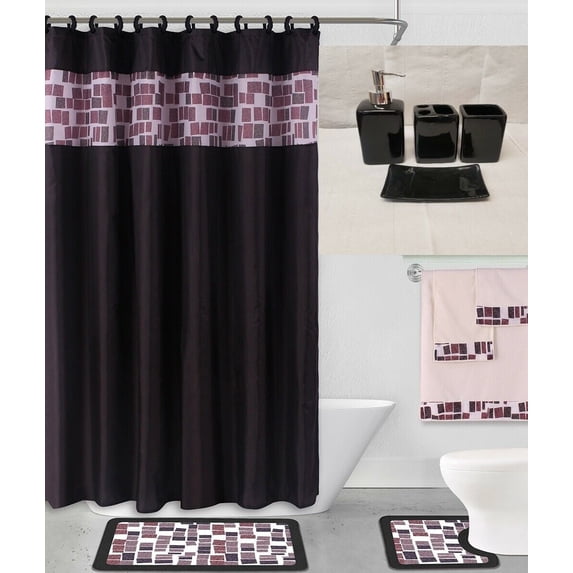 Bathroom Accessories and matching Rug Mat Shower Curtain 2 Rugs-Mats Non Slip, 1 Fabric Shower Curtain, 12 Fabric Rings, 4pc Ceramic Accesories Various Colors For Home Decor Mosaic Black