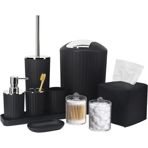 Bathroom Accessory Set - 10 Piece Black Bathroom Accessories Set with Trash Can, Toothbrush Holder and Cup, Soap Dispenser, Soap Dish, Toilet Brush Holder, Vanity Tray, Qtip Holder, Tissue Box Cover
