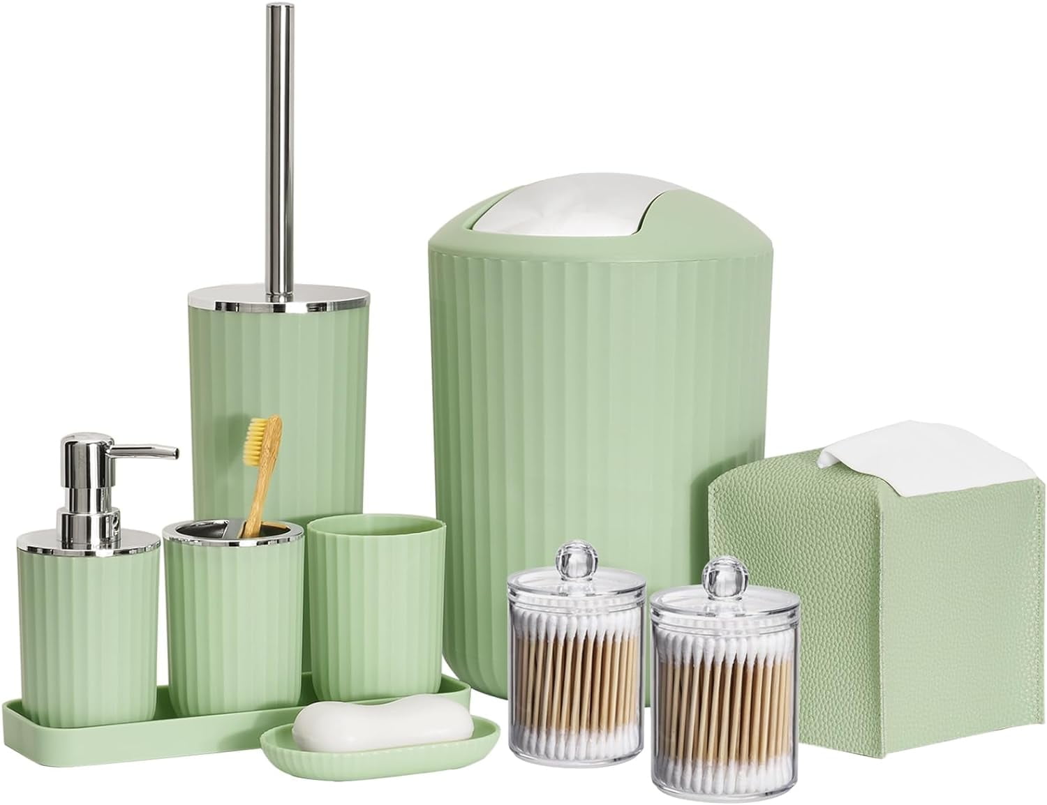 Bathroom Accessory Set - 10 Piece Green Bathroom Accessories Set with Trash Can, Toothbrush ...