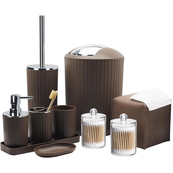 Bathroom Accessory Set - 10 Piece White Bathroom Sets Complete with Trash Can, Toothbrush Holder & Cup, Soap Dispenser, Soap Dish, Toilet Brush & Holder, Vanity Tray, Qtip Holder, Tissue Box Cover