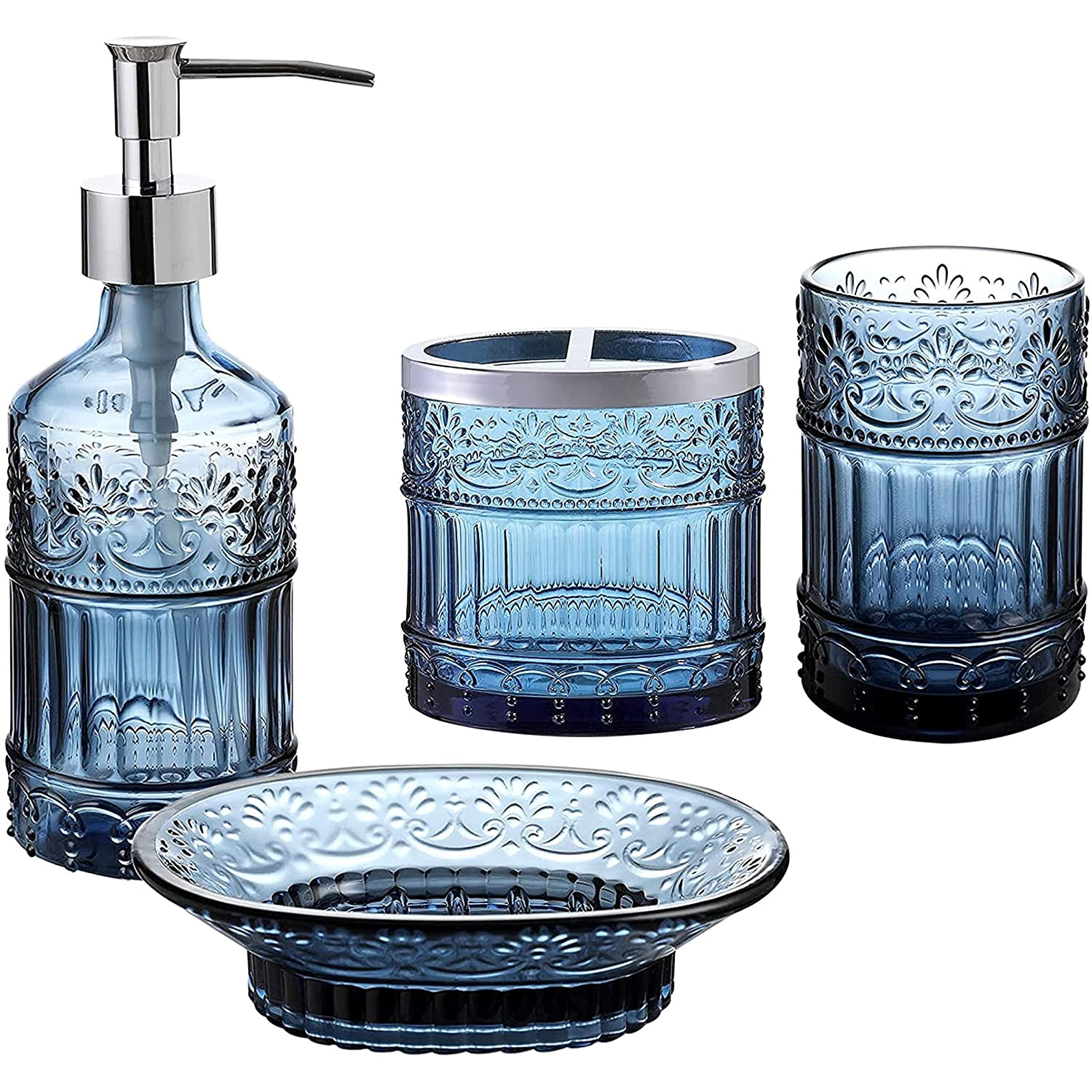 4-Piece Bathroom Accessories Set - Blue Glass Decor Set - WHOLE HOUSEWARES Soap Dispenser, Toothbrush Holder, Vanity Tray and Jar - Elegant Boho Bathroom Countertop Organizer - Walmart.com