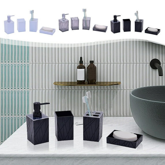 Bathroom Accessory Set 4 Piece Plastic | Soap Dispenser Pump + Toothbrush Holder + Tumbler Cup + Soap Tray | Modern White Gray | Durable Odorless Material | 16x16x16cm | Countertop Decor