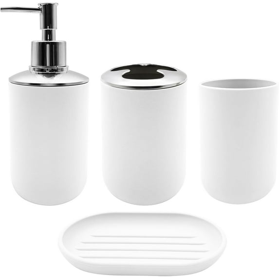 Bathroom Accessory Set, 4 pcs Shatter-Resistant Resin Bathroom Accessories Set Include Lotion Soap Dispenser Toothbrush Holder Soap Dish Modern Bathroom Decor, Gift for Home (Beige 4pcs)