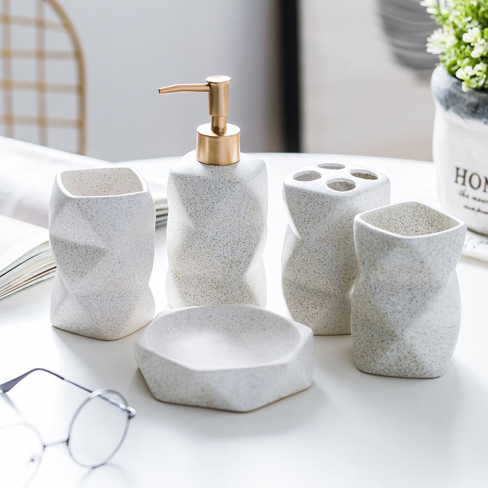 Ceramic 5 Pcs Bathroom Accessory Set Soap Dispenser, Toothbrush