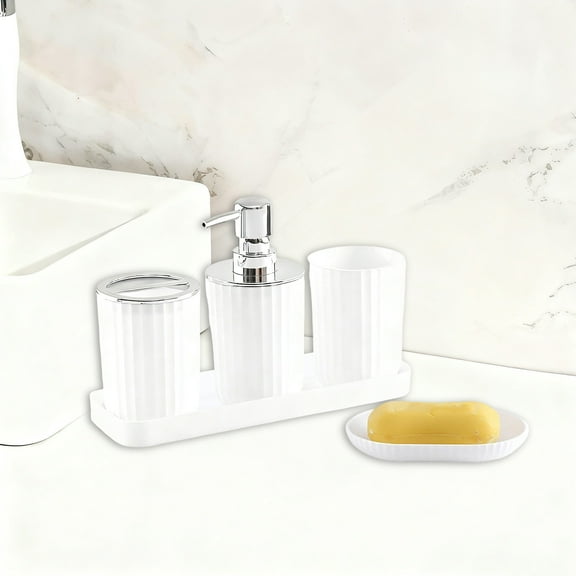 Bathroom Accessory Set 5pcs Plastic Toothbrush Holder Set with Soap Dispenser, Toothbrush Cup, Mouthwash Cup, Soap Dish, Tray for Bath Countertop Decor(White)