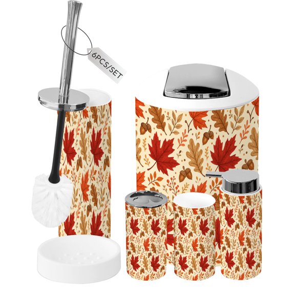 Bathroom Accessory Set 6 Piece Autumn Maple Leaves Seamless Trash can, Toothbrush Holder, Toothbrush Cup, Soap Dispenser, Soap Dish, Toilet Brush Holder