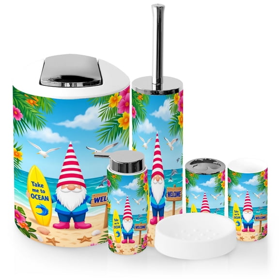 Bathroom Accessory Set 6 Piece with Beach Gnome Surfboard Tropical Paradise Marine Life oastal Toothbrush Holder, Soap Dispenser, Soap Dish, Trash Can, Toothbrush Cup, Toilet Brush Holder
