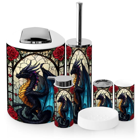 Bathroom Accessory Set 6 Piece with Black Stained Glass Roses Gothic Dragon Magical Fantasy Toothbrush Holder, Soap Dispenser, Soap Dish, Trash Can with Lid, Toothbrush Cup, Toilet Brush Holder