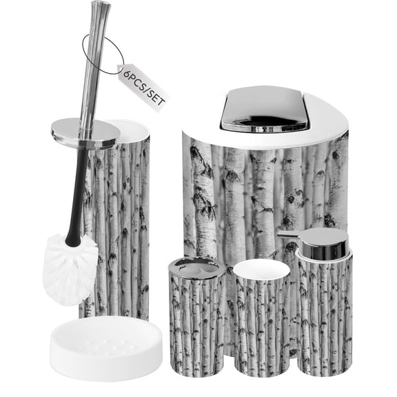 Bathroom Accessory Set 6 Piece Black White Birch Tree Forest Bark Trash can, Toothbrush Holder, Toothbrush Cup, Soap Dispenser, Soap Dish, Toilet Brush Holder