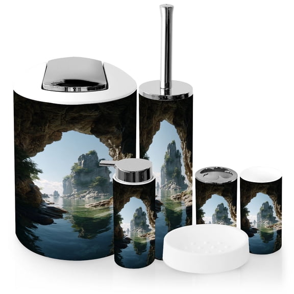 Bathroom Accessory Set 6 Piece with Blue Cave Coastal Italy Toothbrush Holder, Soap Dispenser, Soap Dish, Trash Can with Lid, Toothbrush Cup, Toilet Brush Holder