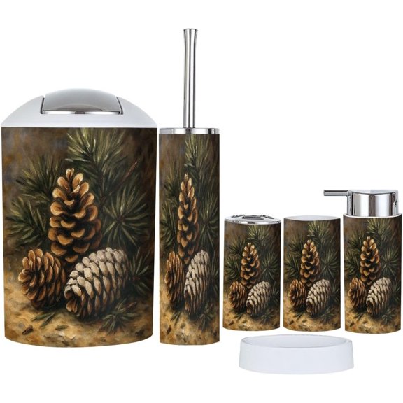 Bathroom Accessory Set 6 Piece Boho Rustic Pinecones Evergreen Needles Oil Painting Warm Earth Tones Trash Can, Toothbrush Holder, Soap Dispenser, Soap Dish, Toothbrush Cup, Toilet Brush Holder