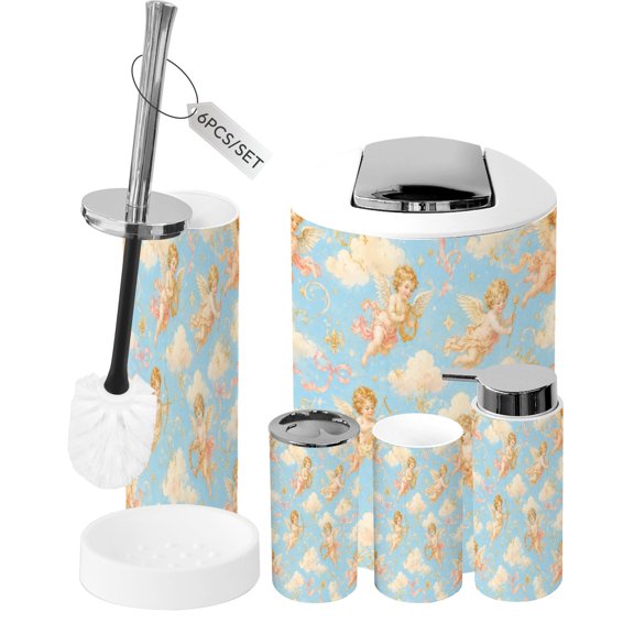 Bathroom Accessory Set 6 Piece Celestial Angelic Clouds Soft Pastel Trash can, Toothbrush Holder, Toothbrush Cup, Soap Dispenser, Soap Dish, Toilet Brush Holder
