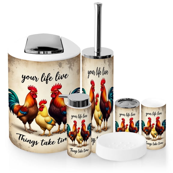 Bathroom Accessory Set 6 Piece with Chicken Kitchen Farm Animal Hen Rooster Farmhouse Rustic Toothbrush Holder, Soap Dispenser, Soap Dish, Trash Can with Lid, Toothbrush Cup, Toilet Brush Holder
