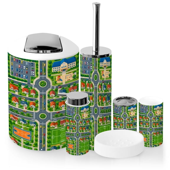 Bathroom Accessory Set 6 Piece Colorful Playground Sports Area Roads Roundabouts Vibrant Trash can, Toothbrush Holder, Toothbrush Cup, Soap Dispenser, Soap Dish, Toilet Brush Holder