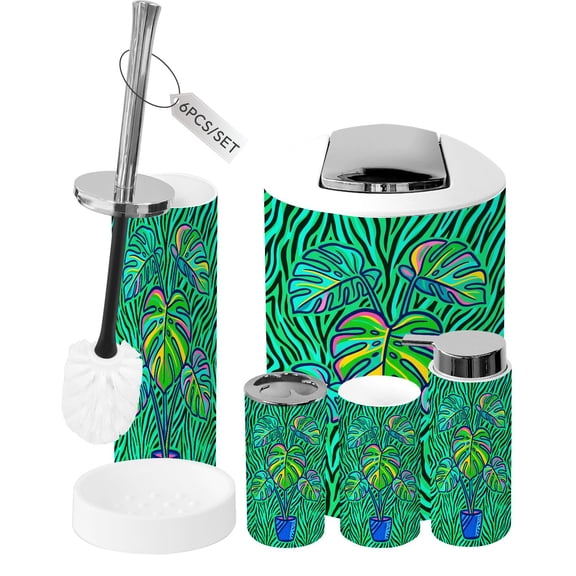Bathroom Accessory Set 6 Piece Colorful Tropical Monstera Plant Vibrant Striped Trash can, Toothbrush Holder, Toothbrush Cup, Soap Dispenser, Soap Dish, Toilet Brush Holder