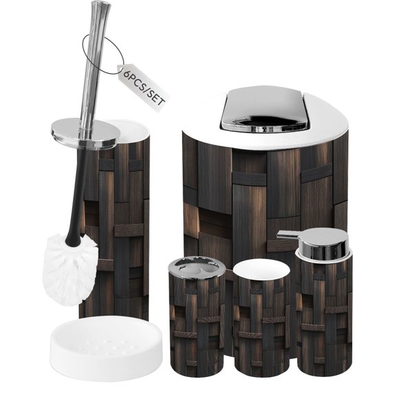 Bathroom Accessory Set 6 Piece Dark Charcoal Wood Paneling Natural Grain Patterns Trash can, Toothbrush Holder, Toothbrush Cup, Soap Dispenser, Soap Dish, Toilet Brush Holder