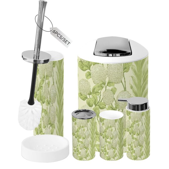 Bathroom Accessory Set 6 Piece Delicate Hydrangea Flower Soft Green Leaves Elegant Line Trash can, Toothbrush Holder, Toothbrush Cup, Soap Dispenser, Soap Dish, Toilet Brush Holder