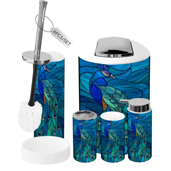 Bathroom Accessory Set 6 Piece Dreamlike Peacock Stained Glass Window Iridescent Hues Trash can, Toothbrush Holder, Toothbrush Cup, Soap Dispenser, Soap Dish, Toilet Brush Holder