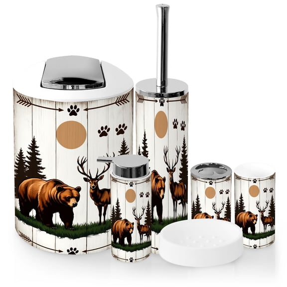 Bathroom Accessory Set 6 Piece with Farmhouse Bear Deer Rustic Bathroom Decor Brown Grizzly Bear Toothbrush Holder, Soap Dispenser, Soap Dish, Trash Can, Toothbrush Cup, Toilet Brush Holder