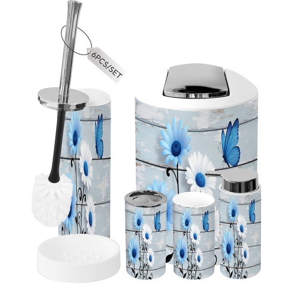 Bathroom Accessory Set 6 Piece Farmhouse Floral Blue White Daisy Flower Rustic Wood Daisies Blue Trash can, Toothbrush Holder, Toothbrush Cup, Soap Dispenser, Soap Dish, Toilet Brush Holder