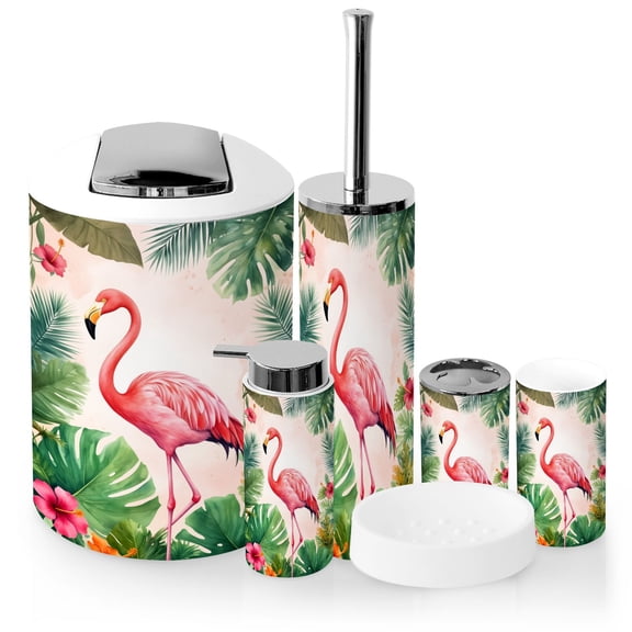 Bathroom Accessory Set 6 Piece with Flamingo Pink Tropical Hibiscus Greenery jungle botanical Toothbrush Holder, Soap Dispenser, Soap Dish, Trash Can, Toothbrush Cup, Toilet Brush Holder