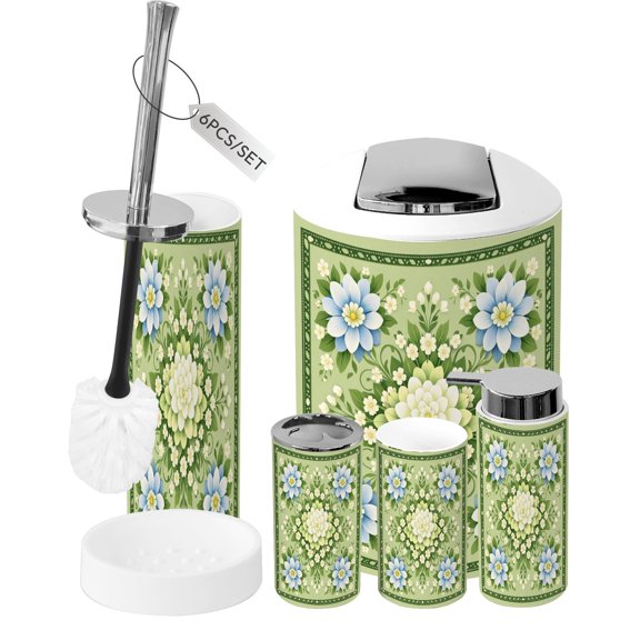 Bathroom Accessory Set 6 Piece Floral Mandala Blue White Flowers Green Symmetrical Botanical Trash can, Toothbrush Holder, Toothbrush Cup, Soap Dispenser, Soap Dish, Toilet Brush Holder