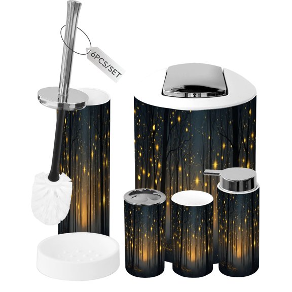 Bathroom Accessory Set 6 Piece Forest Firefly Dark Twilight Landscape Rustic Botanical Nature Tree Trash can, Toothbrush Holder, Toothbrush Cup, Soap Dispenser, Soap Dish, Toilet Brush Holder