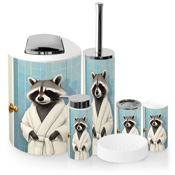 Bathroom Accessory Set 6 Piece with Funny Raccoon Wild Animal Trash Panda Raccoon Character Toothbrush Holder, Soap Dispenser, Soap Dish, Trash Can with Lid, Toothbrush Cup, Toilet Brush Holder