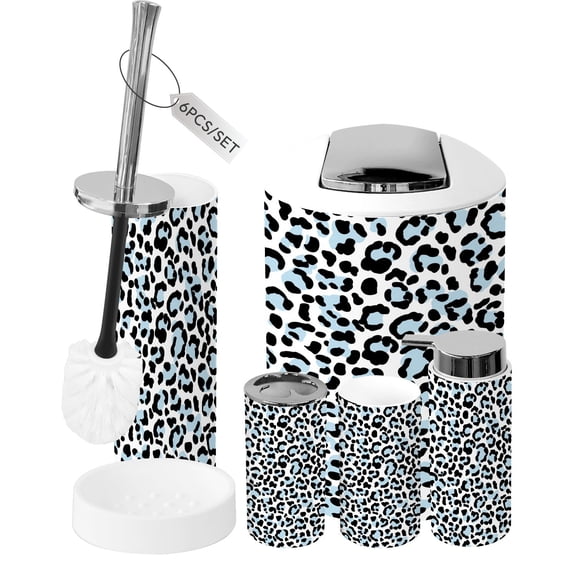 Bathroom Accessory Set 6 Piece for Girls Blue Black Leopard Print White Trash can, Toothbrush Holder, Toothbrush Cup, Soap Dispenser, Soap Dish, Toilet Brush Holder