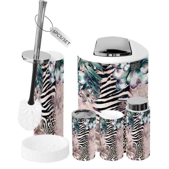 Bathroom Accessory Set 6 Piece for Girls Zebra Stripes Leopard Print Floral Accents Trash can, Toothbrush Holder, Toothbrush Cup, Soap Dispenser, Soap Dish, Toilet Brush Holder