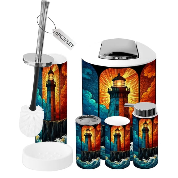Bathroom Accessory Set 6 Piece Golden Beacon Lighthouse Stormy Sea Cliffs Trash can, Toothbrush Holder, Toothbrush Cup, Soap Dispenser, Soap Dish, Toilet Brush Holder