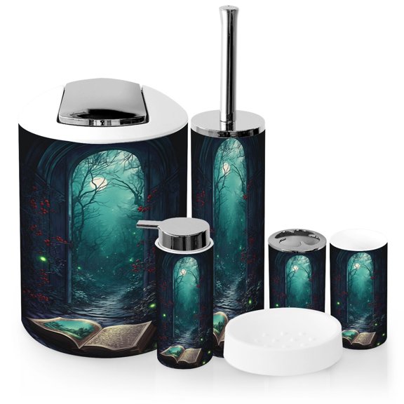 Bathroom Accessory Set 6 Piece with Gothic Mystical Forest Open Book Glowing Fireflies Magic Toothbrush Holder, Soap Dispenser, Soap Dish, Trash Can with Lid, Toothbrush Cup, Toilet Brush Holder