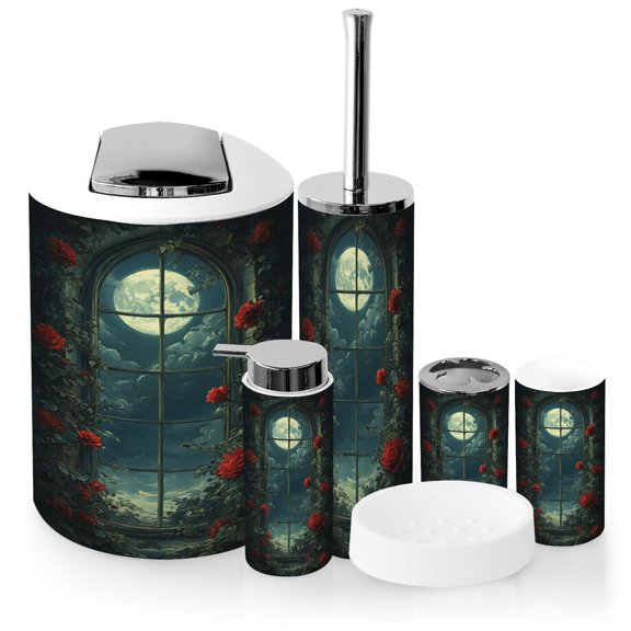 Bathroom Accessory Set 6 Piece with Gothic Window Framed by Red Roses Ivy Dreamy Night Sky Magic Toothbrush Holder, Soap Dispenser, Soap Dish, Trash Can with Lid, Toothbrush Cup, Toilet Brush Holder