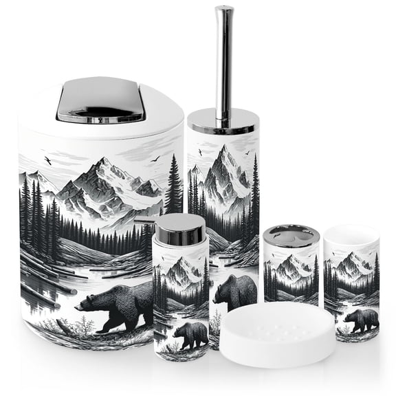 Bathroom Accessory Set 6 Piece with Hunting Rustic Bear Forest Landscape Mountain Peaks River Toothbrush Holder, Soap Dispenser, Soap Dish, Trash Can with Lid, Toothbrush Cup, Toilet Brush Holder