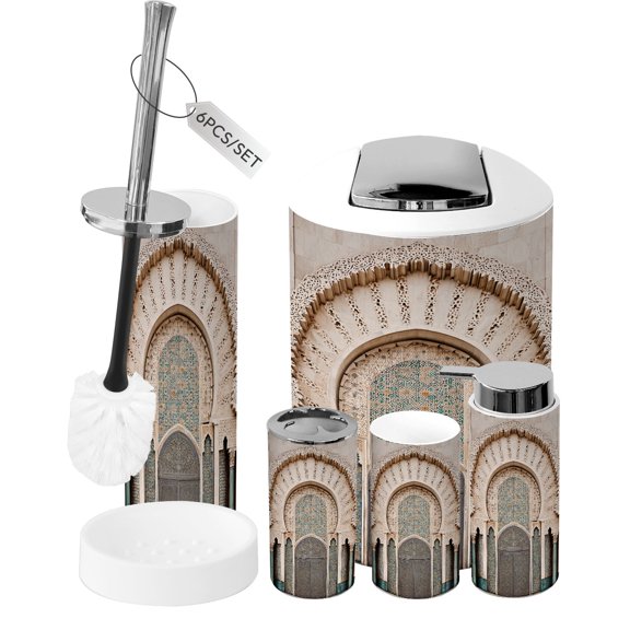Bathroom Accessory Set 6 Piece Intricate Moroccan Doorway Arches Tiles Trash can, Toothbrush Holder, Toothbrush Cup, Soap Dispenser, Soap Dish, Toilet Brush Holder