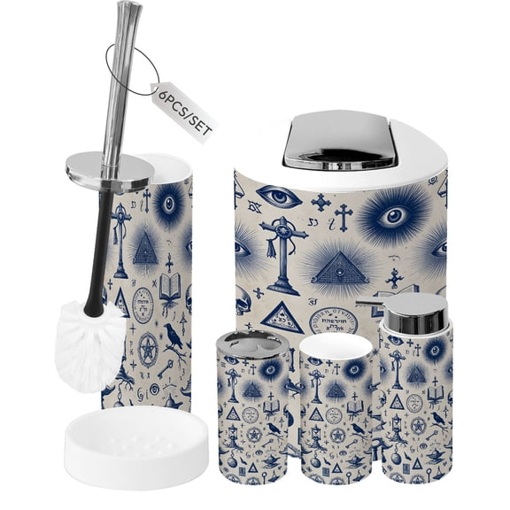 Bathroom Accessory Set 6 Piece Intricate Occult Mystical Symbolism Skulls Eyes Hourglasses Crow Trash can, Toothbrush Holder, Toothbrush Cup, Soap Dispenser, Soap Dish, Toilet Brush Holder