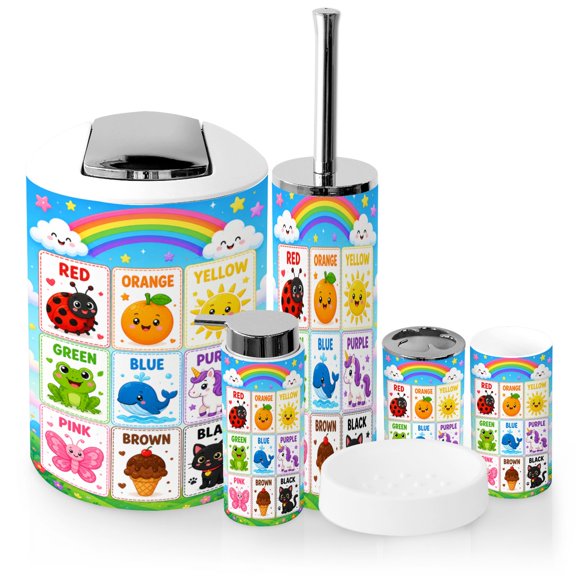Bathroom Accessory Set 6 Piece Learn Colors Cute Cartoon Characters Bright Colors Trash can, Toothbrush Holder, Toothbrush Cup, Soap Dispenser, Soap Dish, Toilet Brush Holder