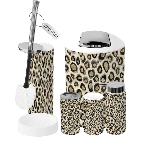 Bathroom Accessory Set 6 Piece Leopard Print Watercolor Beige Black Trash can, Toothbrush Holder, Toothbrush Cup, Soap Dispenser, Soap Dish, Toilet Brush Holder