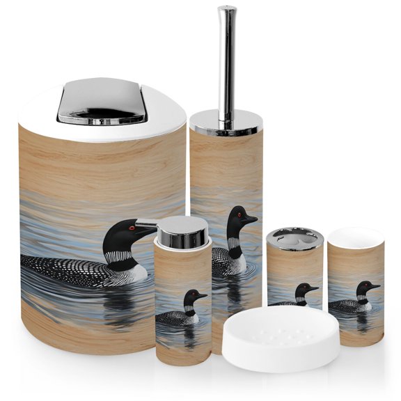 Bathroom Accessory Set 6 Piece with Loon Reflection Hunting Natural Art Loon Water Rustic Toothbrush Holder, Soap Dispenser, Soap Dish, Trash Can with Lid, Toothbrush Cup, Toilet Brush Holder